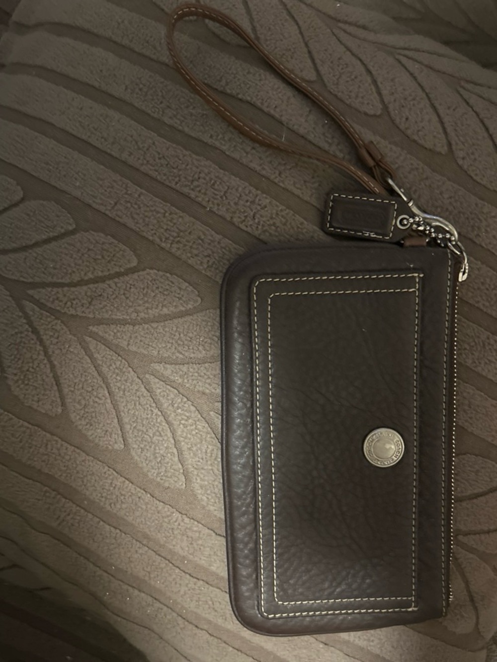 Coach Dark Brown Leather Wristlet Wallet with Contrast Stitching